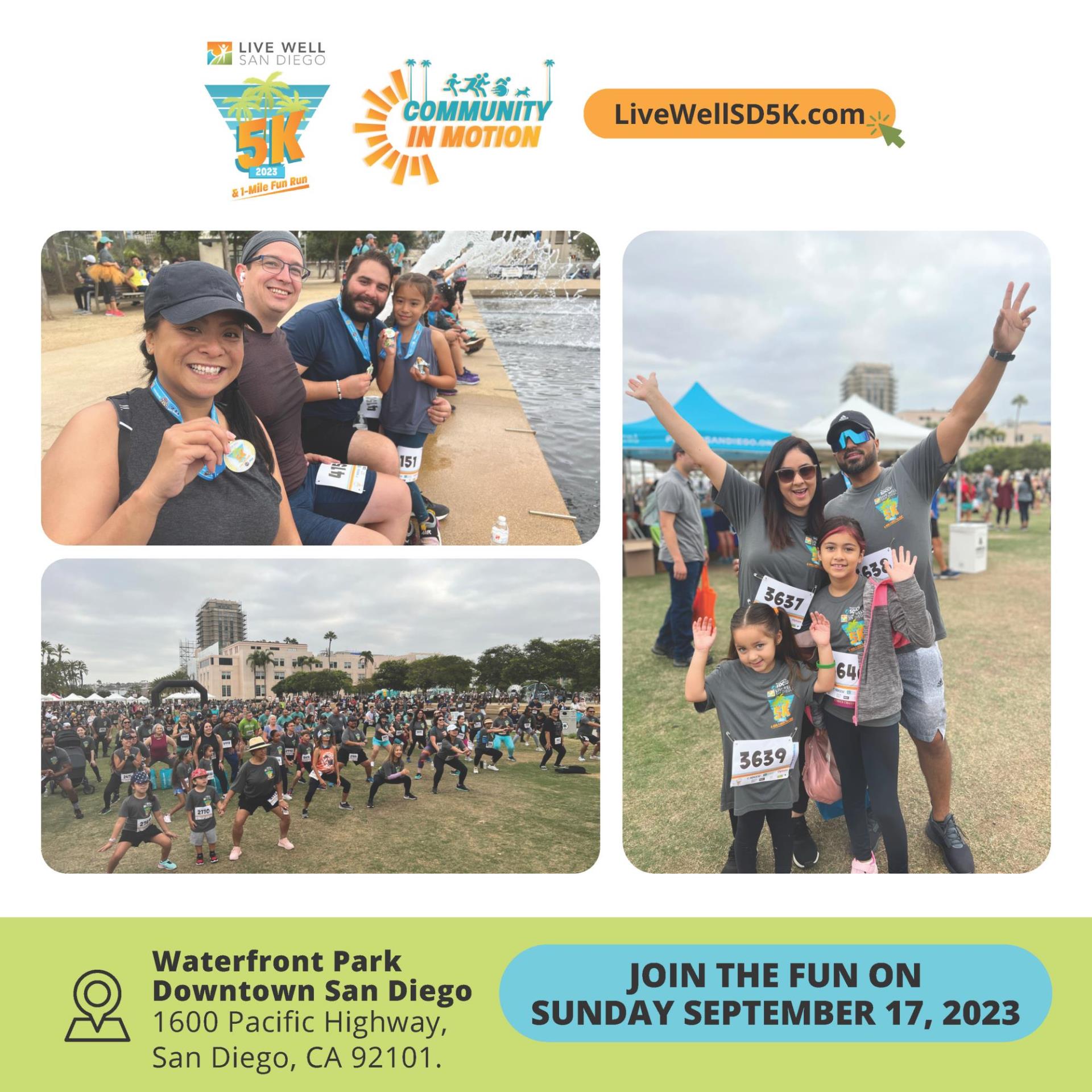 Collage of photos for LWSD 5K showing family and friends with their race medals